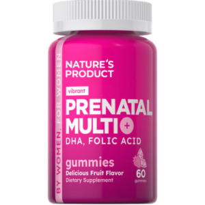 Barattolo rosa di integratore “Nature’s Product Multivitaminico prenatale +” con DHA e acido folico, in formato gummies al gusto frutta, 60 pezzi.