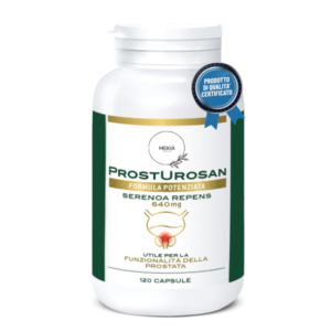 Flacone bianco di integratore Prosturosan con Serenoa Repens 640 mg, 120 capsule, utile per la funzionalità della prostata.