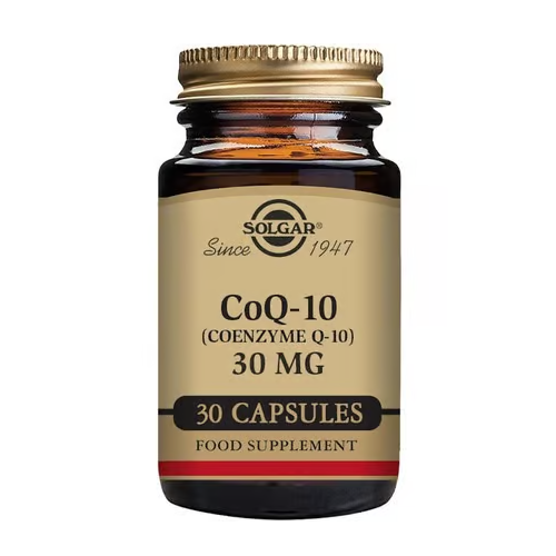 Flacone in vetro ambrato Solgar CoQ10 (coenzima Q10) da 30 mg, con 30 capsule per supporto energetico e benessere generale.