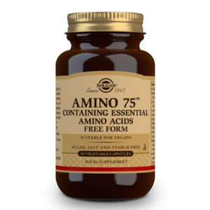 Flacone in vetro ambrato Solgar Amino 75 con aminoacidi essenziali in forma libera, 90 capsule vegetali.