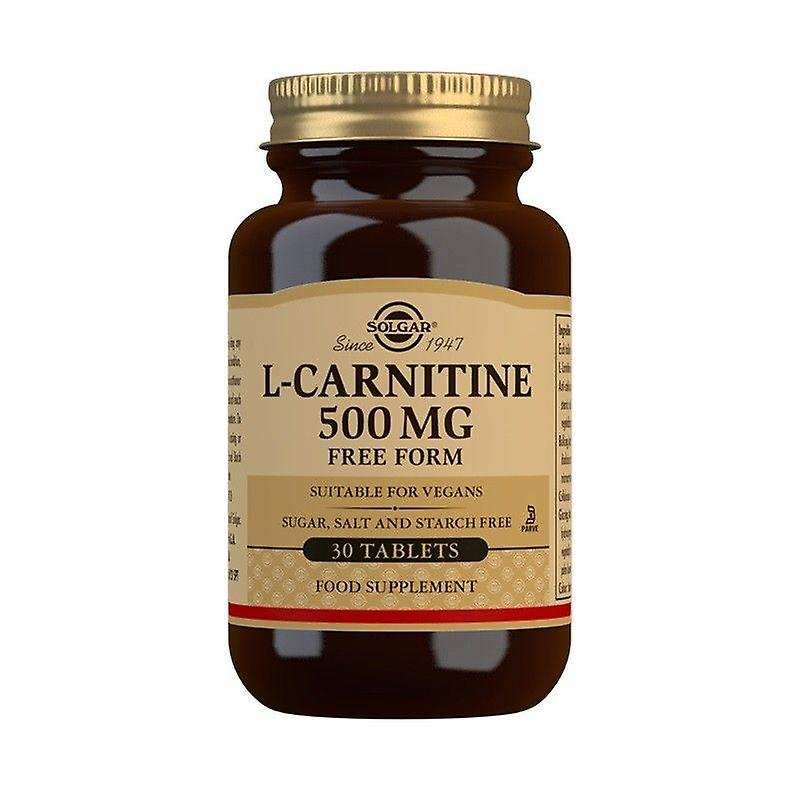 Flacone in vetro ambrato Solgar L-Carnitina 500 mg, 30 compresse in forma libera adatto a vegani.