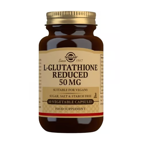 Flacone in vetro ambrato Solgar L-Glutatione Reduced 50 mg, 30 capsule vegetali adatto a vegani per supporto antiossidante.