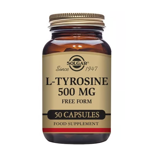 Flacone in vetro ambrato Solgar L-Tirosina 500 mg, 50 capsule in forma libera per supporto mentale e concentrazione.
