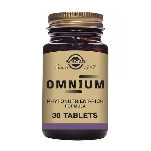 Flacone in vetro ambrato Solgar Omnium con formula ricca di fitonutrienti, 30 compresse per supporto nutrizionale completo.