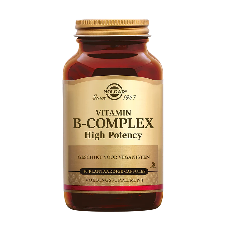 Flacone in vetro ambrato Solgar Vitamina B Complex High Potency, 50 capsule vegetali ad alta concentrazione di vitamine del gruppo B.