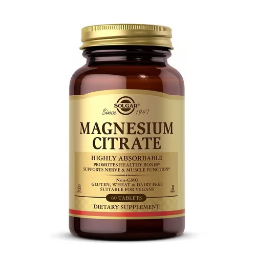 Flacone in vetro ambrato Solgar Magnesium Citrate, 60 compresse ad alta assorbibilità per supporto di ossa, nervi e funzione muscolare.