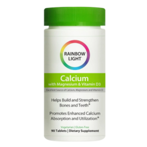 Flacone bianco Rainbow Light Calcio con magnesio e vitamina D3, 90 compresse vegetariane per supporto a ossa e denti.