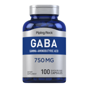 Flacone blu di integratore GABA (acido gamma-aminobutirrico) Piping Rock da 750 mg, con 100 capsule a rilascio rapido.