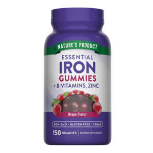 Barattolo viola di integratore Ferro + vitamine B Iron Gummies Nature’s Product al gusto uva, con vitamine del gruppo B e zinco, 150 caramelle vegane senza glutine e OGM.