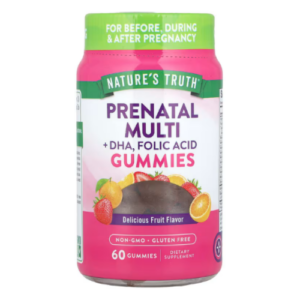 Barattolo di integratore Prenatale Multi Gummies Nature’s Truth con DHA e acido folico, 60 caramelle gusto frutta, senza glutine e OGM, per gravidanza.