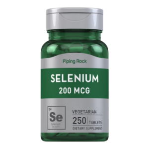 Flacone verde di integratore Selenio 200 mcg Piping Rock con 250 compresse vegetariane per il supporto del sistema immunitario e antiossidante.