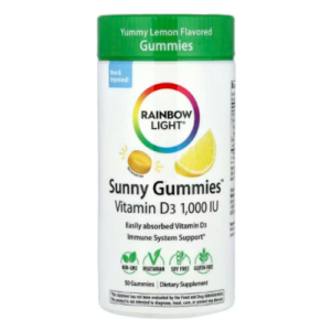 Flacone Rainbow Light Sunny Gummies con vitamina D3 1000 IU al gusto limone, 50 caramelle per supporto al sistema immunitario, vegetariane e senza glutine.