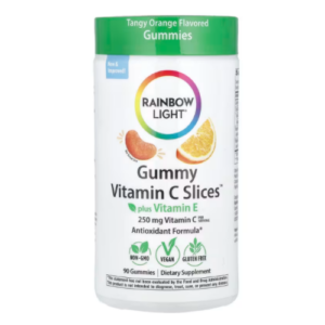 Flacone Rainbow Light Gummy Vitamina C piccante al gusto arancia con vitamina E, 90 caramelle vegane senza glutine e OGM per supporto antiossidante.