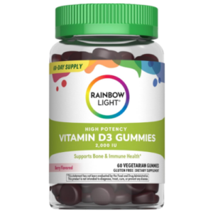 Flacone Rainbow Light High Potency Vitamina D3 Gummies 2000 IU gusto frutti di bosco, 60 caramelle vegetariane senza glutine per supporto ossa e sistema immunitario.