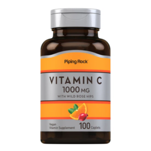Flacone marrone di integratore Vitamina C 1000 mg Piping Rock a rilascio prolungato con rosa canina, contenente 240 compresse rivestite vegetariane.