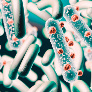 Rappresentazione 3D di batteri e microrganismi intestinali, con forme cilindriche e dettagli microscopici su sfondo verde, concetto di microbiota e salute digestiva. Microbiota