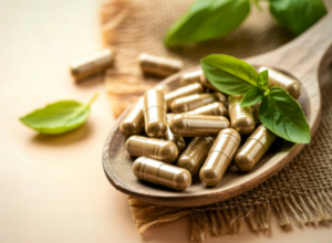 Capsule di integratori naturali su un cucchiaio di legno con foglie verdi, rappresentazione di nutraceutici e benessere naturale.