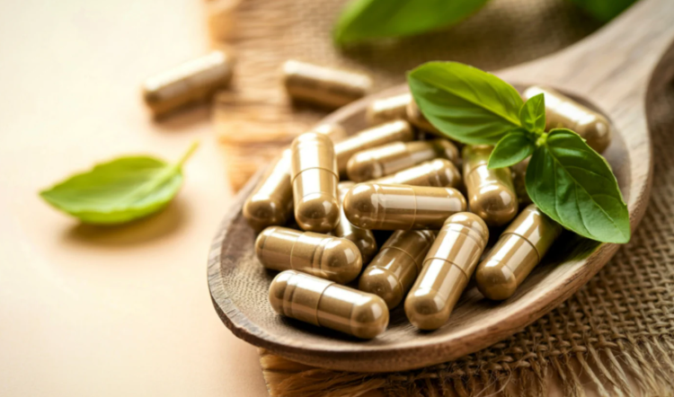 Capsule di integratori naturali su un cucchiaio di legno con foglie verdi, rappresentazione di nutraceutici e benessere naturale.