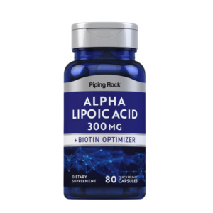 Flacone blu di integratore Piping Rock Acido alfa lipoico 300 mg con Biotin Optimizer, 80 capsule a rilascio rapido, etichetta blu e tappo grigio.