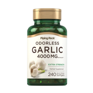 Flacone verde di integratore alimentare “Odorless Garlic 4000 mg” (aglio inodore) marca Piping Rock, con etichetta bianca e tappo dorato, contenente 240 softgel.