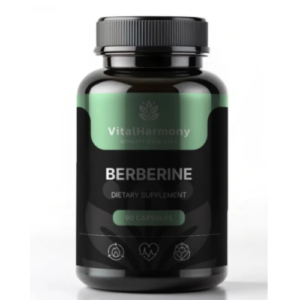 Flacone nero VitalHarmony Berberina, integratore alimentare con berberina, 90 capsule, etichetta nera e verde con tappo nero.