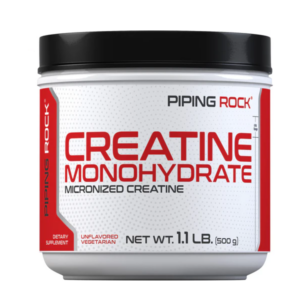Barattolo Piping Rock Creatina monoidrato micronizzata in polvere, 500 g (1.1 lb), creatina pura senza aroma, confezione bianca con dettagli rossi e tappo nero.