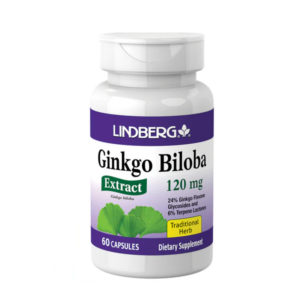 Flacone bianco Lindberg Ginkgo Biloba 120 mg, integratore alimentare con estratto di ginkgo biloba, 60 capsule, etichetta viola e foglie verdi.