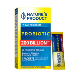 Confezione Nature’s Product Probiotico 200 miliardi CFU, programma di 7 giorni con 29 ceppi probiotici, 7 bustine per supporto digestivo e immunitario.