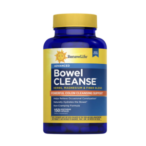 Flacone blu Renew Life Advanced Pulizia dell'intestino , integratore per pulizia intestinale con erbe, magnesio e fibre, 150 capsule vegetali, etichetta gialla e blu.