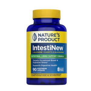 Flacone blu Nature’s Product IntestiNew, integratore per il supporto del rivestimento intestinale con L-Glutammina e N-Acetil D-Glucosamina, 90 capsule vegetali senza glutine.