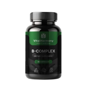 Flacone di VitalHarmony B Complex, integratore alimentare con vitamine del gruppo B, confezione da 90 capsule.