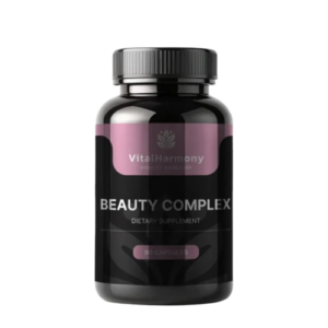 Flacone nero di Beauty Complex VitalHarmony, integratore alimentare con 90 capsule, su sfondo bianco.