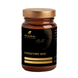 Flacone di VH.Nutra Gold Coenzyme Q10, integratore alimentare con Coenzima Q10, confezione da 30 capsule.