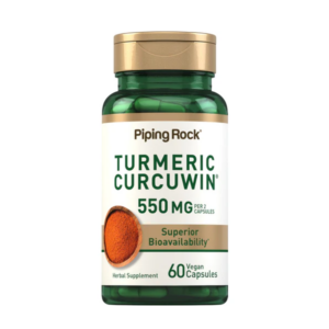 Flacone di Piping Rock Turmeric CurcuWIN 550 mg con 60 capsule vegane, integratore alimentare a base di estratto di curcuma ad alta biodisponibilità per il benessere delle articolazioni e l'azione antiossidante.