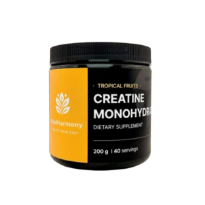 Barattolo di Creatina monoidrato gusto Tropical Fruits, integratore alimentare da 200 g con 40 porzioni, fotografato su sfondo bianco.
