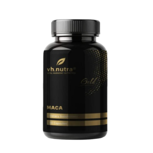 Confezione di Maca Gold vh.nutra, integratore alimentare alla maca in flacone da 90 capsule, su sfondo bianco.