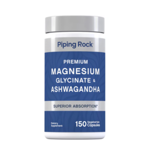 Flacone di PipingRock Premium Magnesio Glicinato e Ashwagandha, integratore alimentare con magnesio glicinato e ashwagandha, confezione da 150 capsule vegetariane.