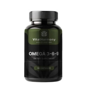Flacone di Vh Nutra Omega 3 6 9, integratore alimentare con acidi grassi Omega 3, Omega 6 e Omega 9, confezione da 90 capsule.