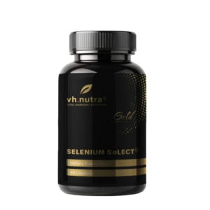 Confezione di Selenio + Vitamina E vh.nutra, integratore alimentare al selenio in flacone da 90 capsule, su sfondo bianco.