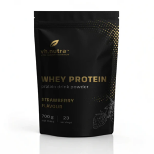 Confezione di VH.Nutra Whey Protein gusto fragola, proteine del siero di latte in polvere, formato da 700 g con 23 porzioni.