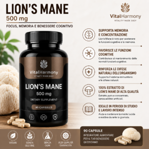 Lion’s Mane 500 mg VitalHarmony 90 capsule, integratore a base di fungo Hericium erinaceus per il benessere e la normale funzionalità dell’organismo.