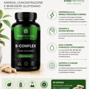 B-Complex VitalHarmony 90 capsule, integratore di vitamine del gruppo B per metabolismo energetico, sistema nervoso e riduzione di stanchezza e affaticamento.