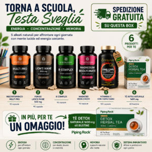 Box 1 Introsalus Torna a Scuola Testa Sveglia con multivitaminico, Lion’s Mane, B Complex, magnesio bisglicinato, vitamina C Camu Camu e Tè Detox in omaggio.