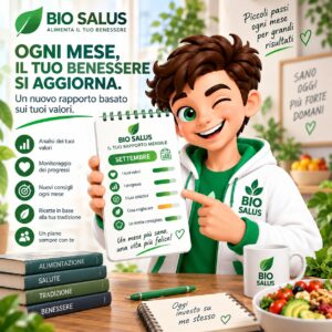Bio Salus aggiorna ogni mese il rapporto personale analizzando valori, progressi, obiettivi e abitudini alimentari