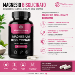 Magnesio Bisglicinato VitalHarmony 90 capsule, integratore di magnesio per funzione muscolare, riduzione della stanchezza e normale funzione psicologica.