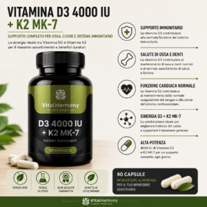 Vitamina D3 4000 IU con K2 MK-7 VitalHarmony, 90 capsule, integratore di vitamina D3 e K2 per ossa e normale funzione del sistema immunitario.