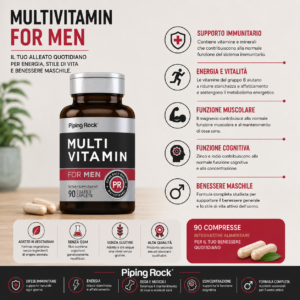 Multivitamin For Men PipingRock 90 compresse, integratore multivitaminico e multiminerale formulato per il benessere quotidiano dell’uomo.