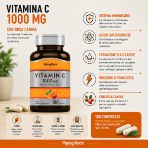 Vitamina C 1000 mg con Rosa Canina PipingRock, 100 compresse, integratore per sistema immunitario, protezione dallo stress ossidativo e formazione del collagene.