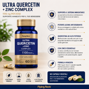 Ultra Quercetin + Zinc Complex PipingRock 1100 mg, 60 capsule vegetali, integratore con quercetina e zinco per il benessere quotidiano.