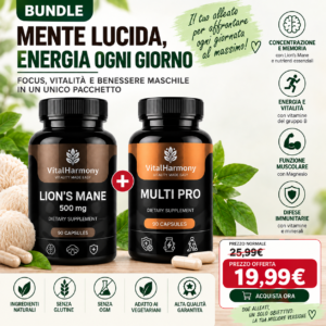 Bundle Mente & Energia con Lion’s Mane 500 mg e Multi PRO VitalHarmony, integratori alimentari per focus, vitalità e benessere quotidiano.